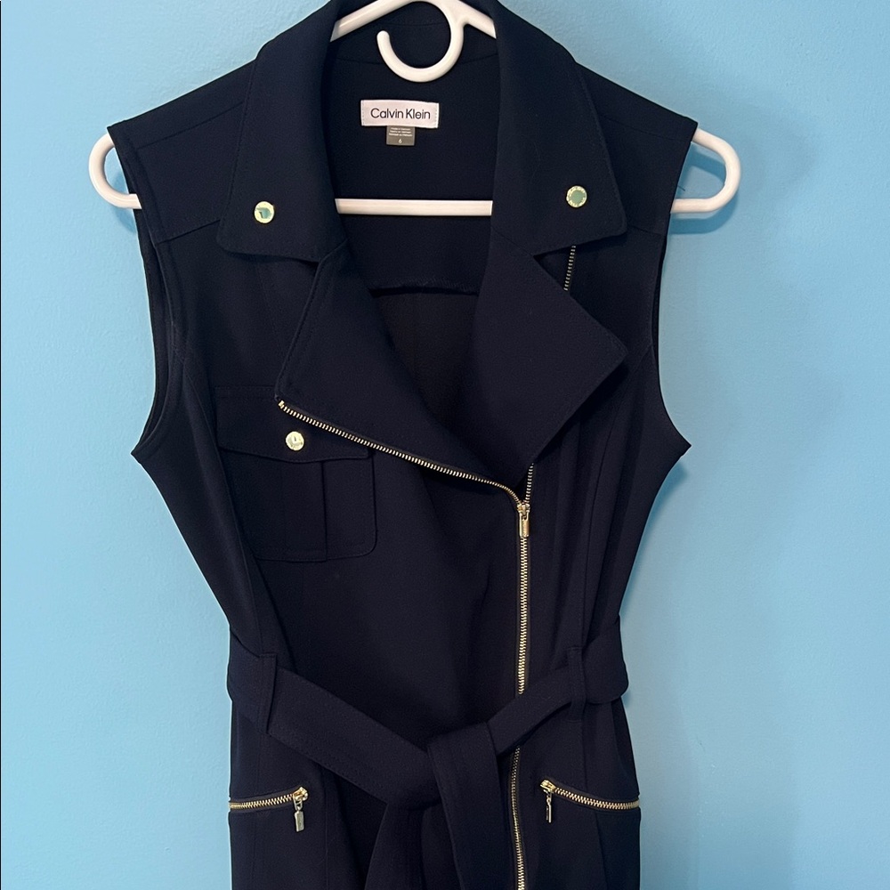 Calvin Klein Navy Sleeveless Moto Midi Dress with Gold Hardware - Picture 3 of 5